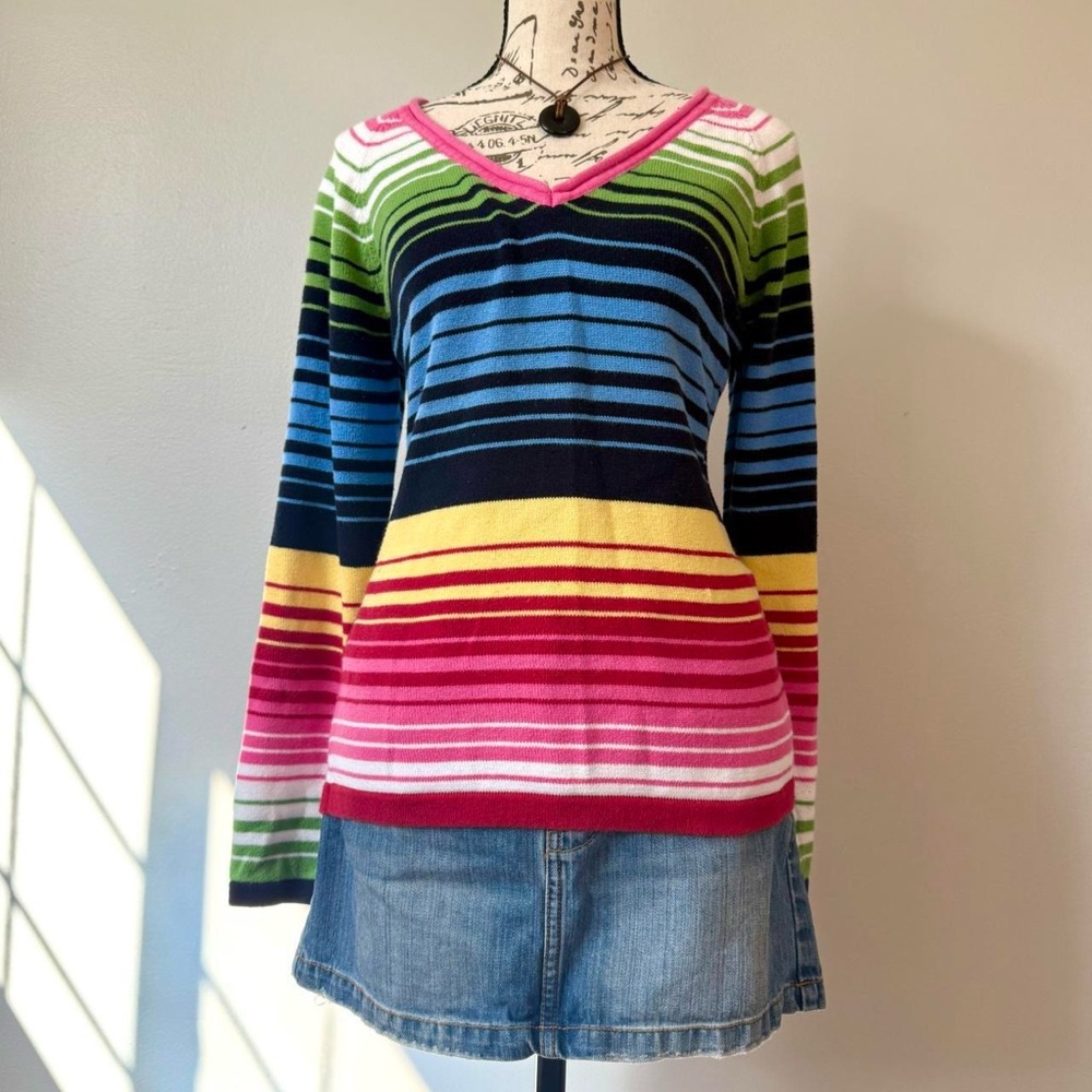90s multicolor striped cotton vneck long sleeve sweater